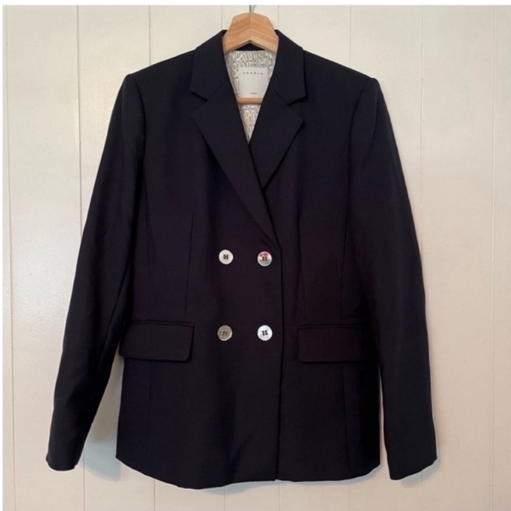 Sandro Blazer Sports Coat Suit Jacket Navy Blue Mirrored Buttons 38